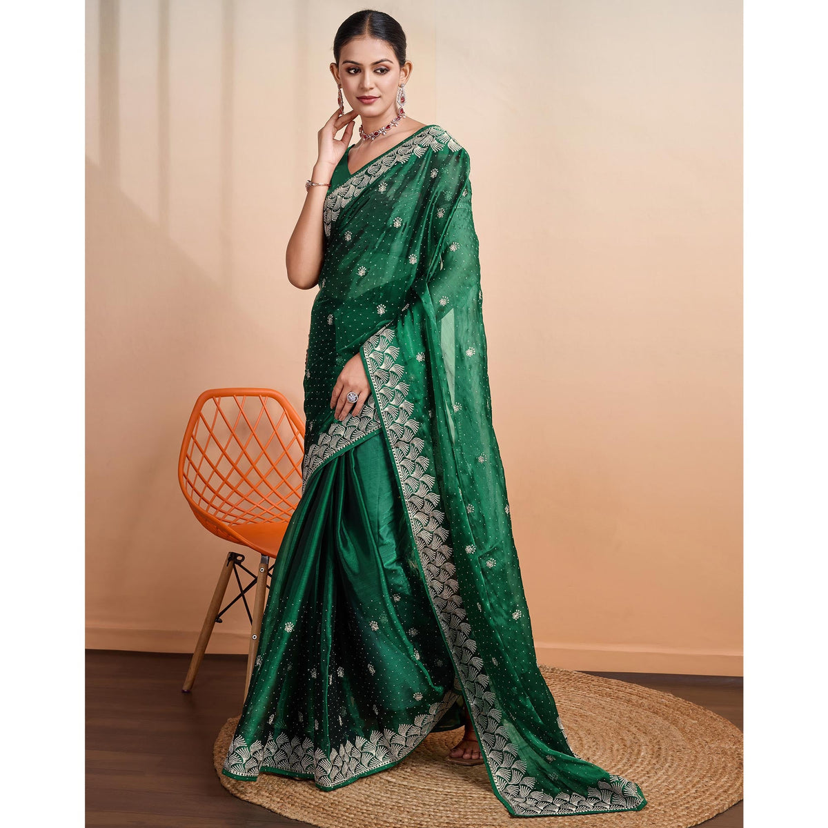 Green Embroidered Tussar Silk Saree - Image 1