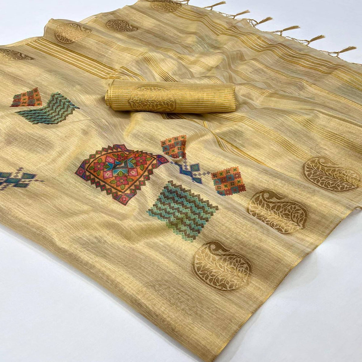 Beige Woven Art Silk Saree With Digital Print - Image 1