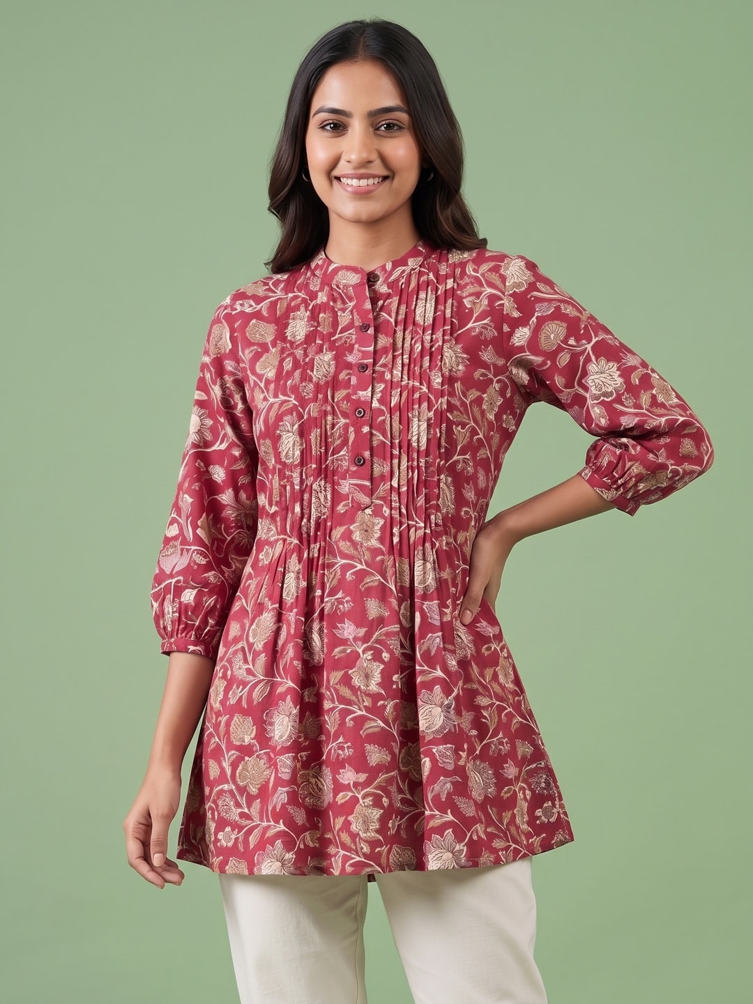 Soft Viscose Red Floral Printed A-Line Top for Comfortable Casual Wear - Image 3