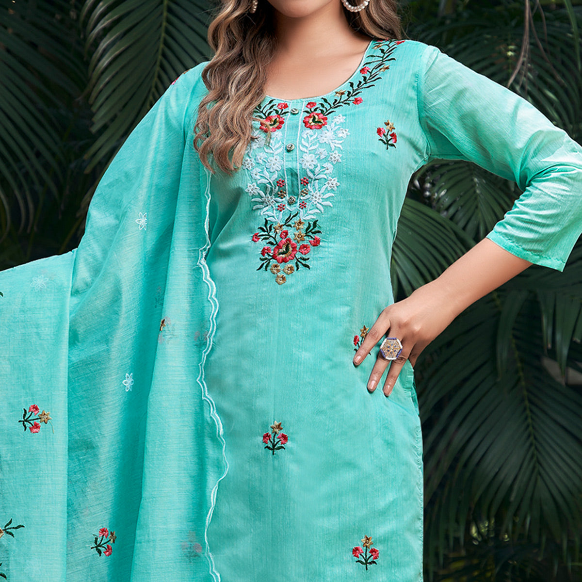 Sea Green Floral Embroidered Chanderi Salwar Suit - Image 4