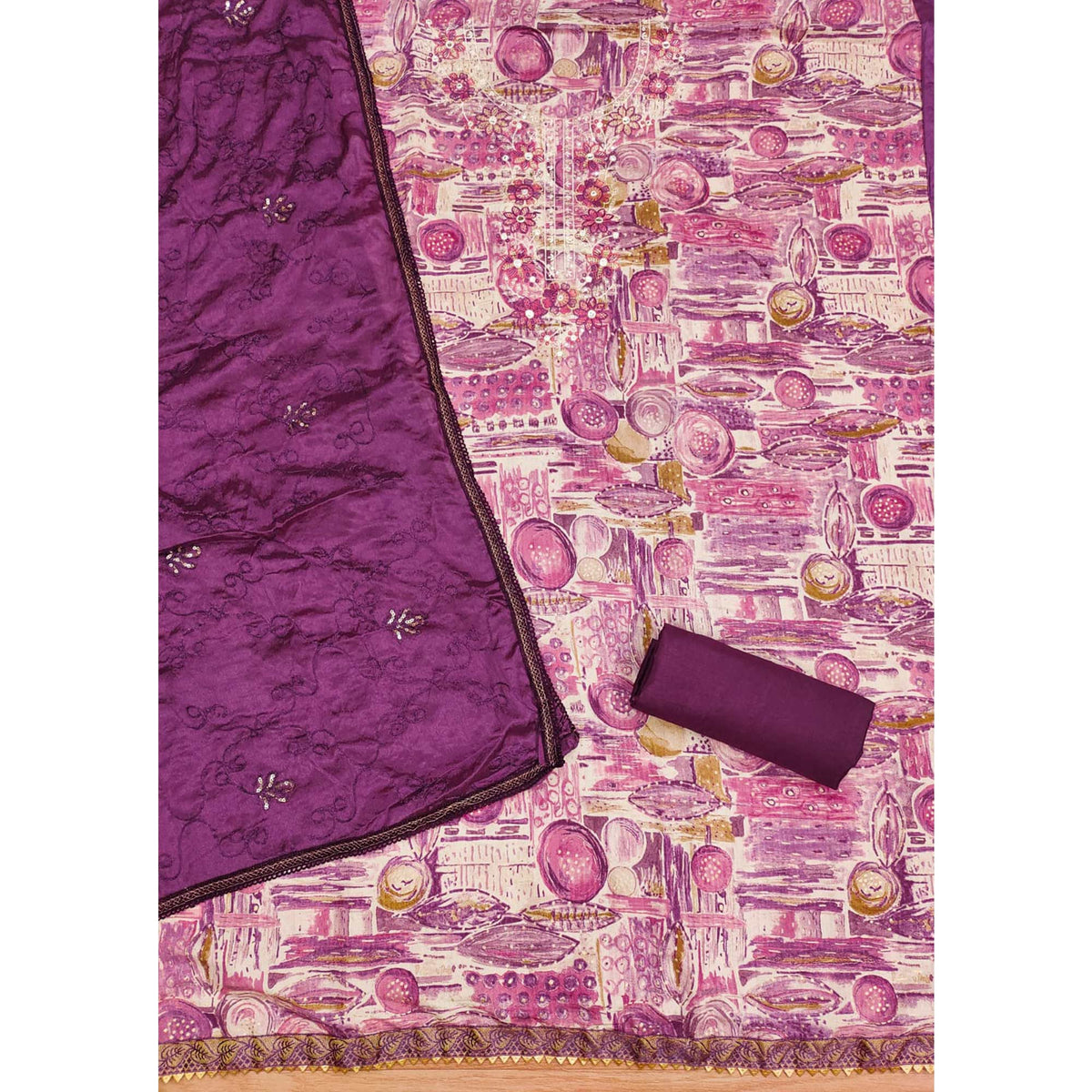 Magenta Foil Printed Pure Cotton Dress Material - Image 2