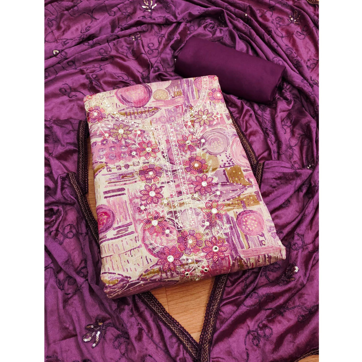 Magenta Foil Printed Pure Cotton Dress Material - Image 4