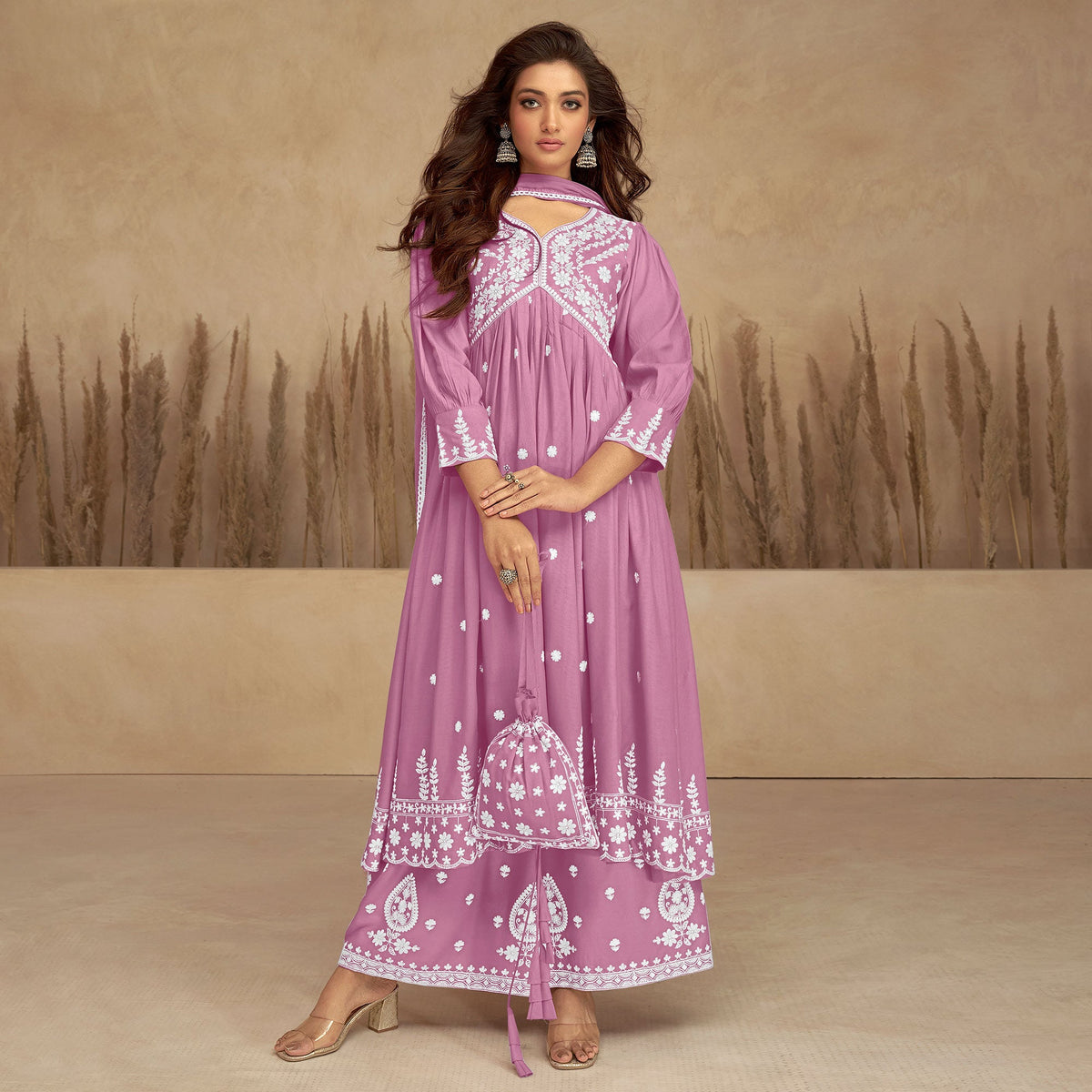 Pink Floral Embroidered Rayon Suit - Image 1