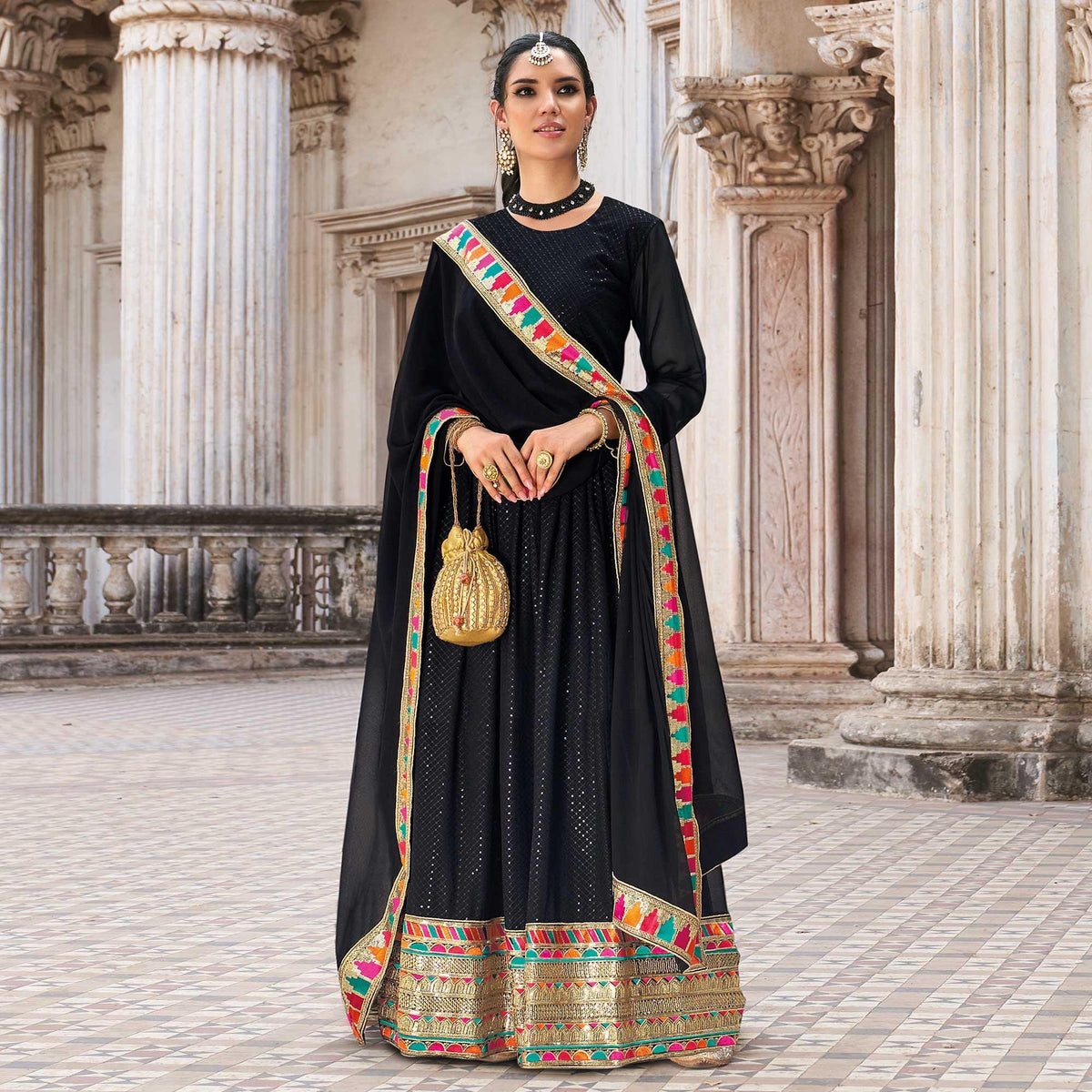 Black Sequins Embroidered Georgette Anarkali Suit - Image 1