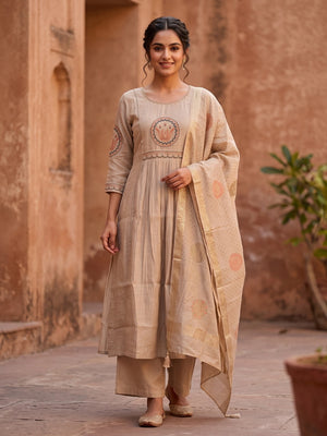 Peachmode Beige Chanderi Silk Salwar Suit With Lotus Medallion Yoke - Image 1