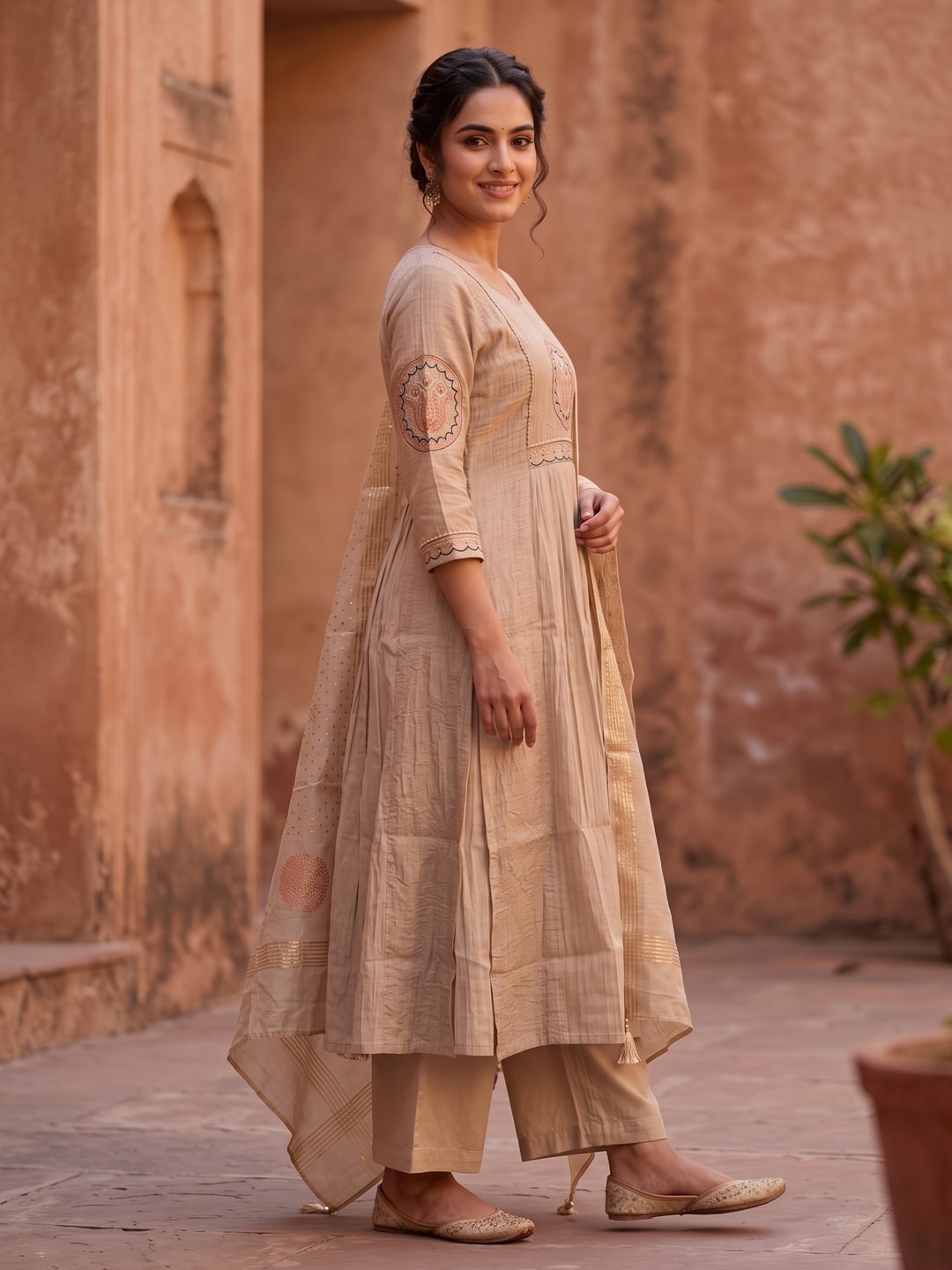 Peachmode Beige Chanderi Silk Salwar Suit With Lotus Medallion Yoke - Image 3
