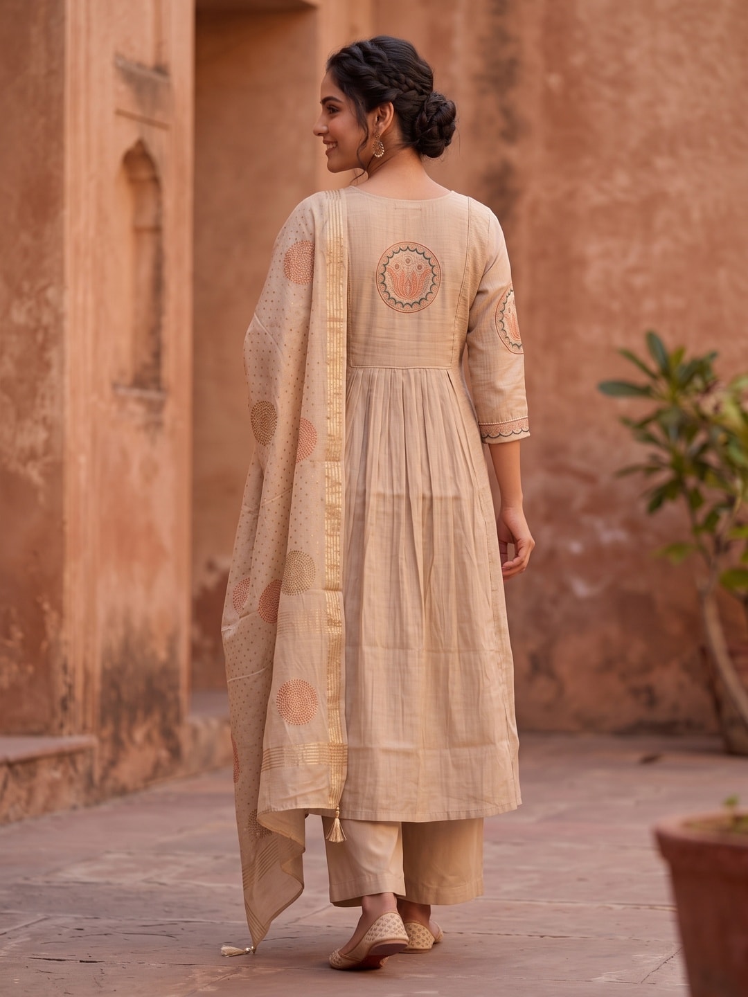 Peachmode Beige Chanderi Silk Salwar Suit With Lotus Medallion Yoke - Image 4