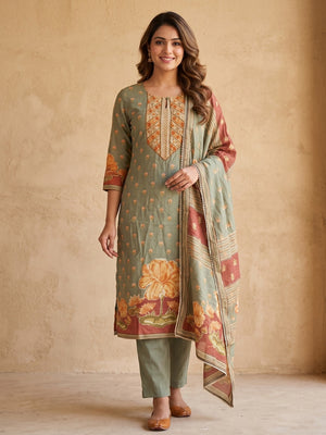 Peachmode Green Muslin Embroidered Yoke Salwar Suit - Image 1