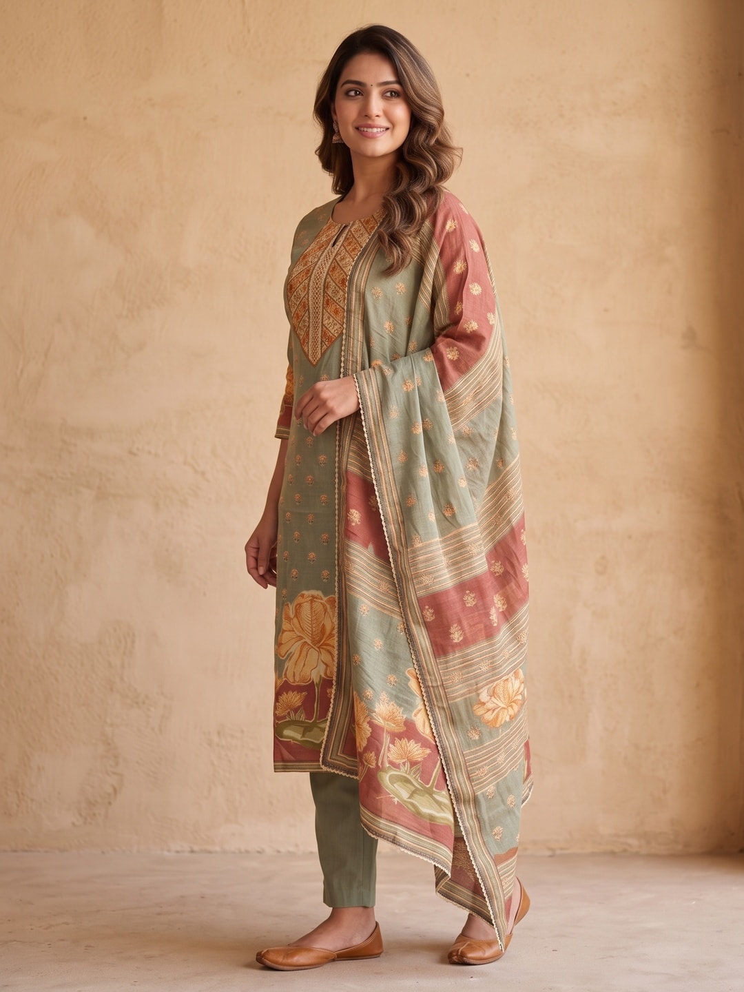 Peachmode Green Muslin Embroidered Yoke Salwar Suit - Image 3
