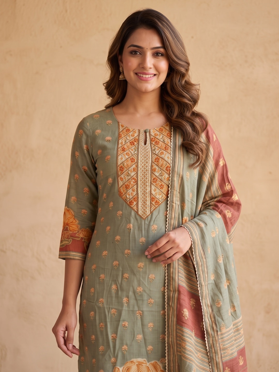 Peachmode Green Muslin Embroidered Yoke Salwar Suit - Image 5