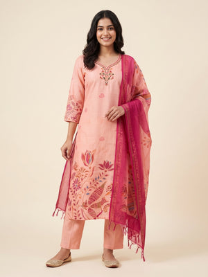 Peachmode Peach Cotton Linen Digital Print Salwar Suit - Image 1