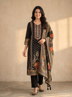 Peachmode Black Muslin Embroidered Neck Salwar Suit - Image 1