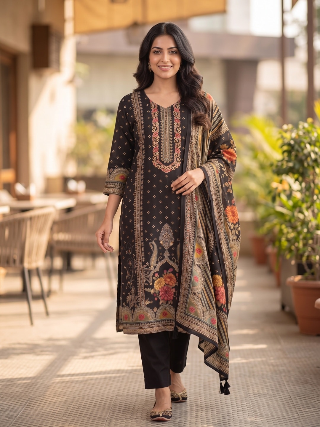 Peachmode Black Muslin Embroidered Neck Salwar Suit - Image 2