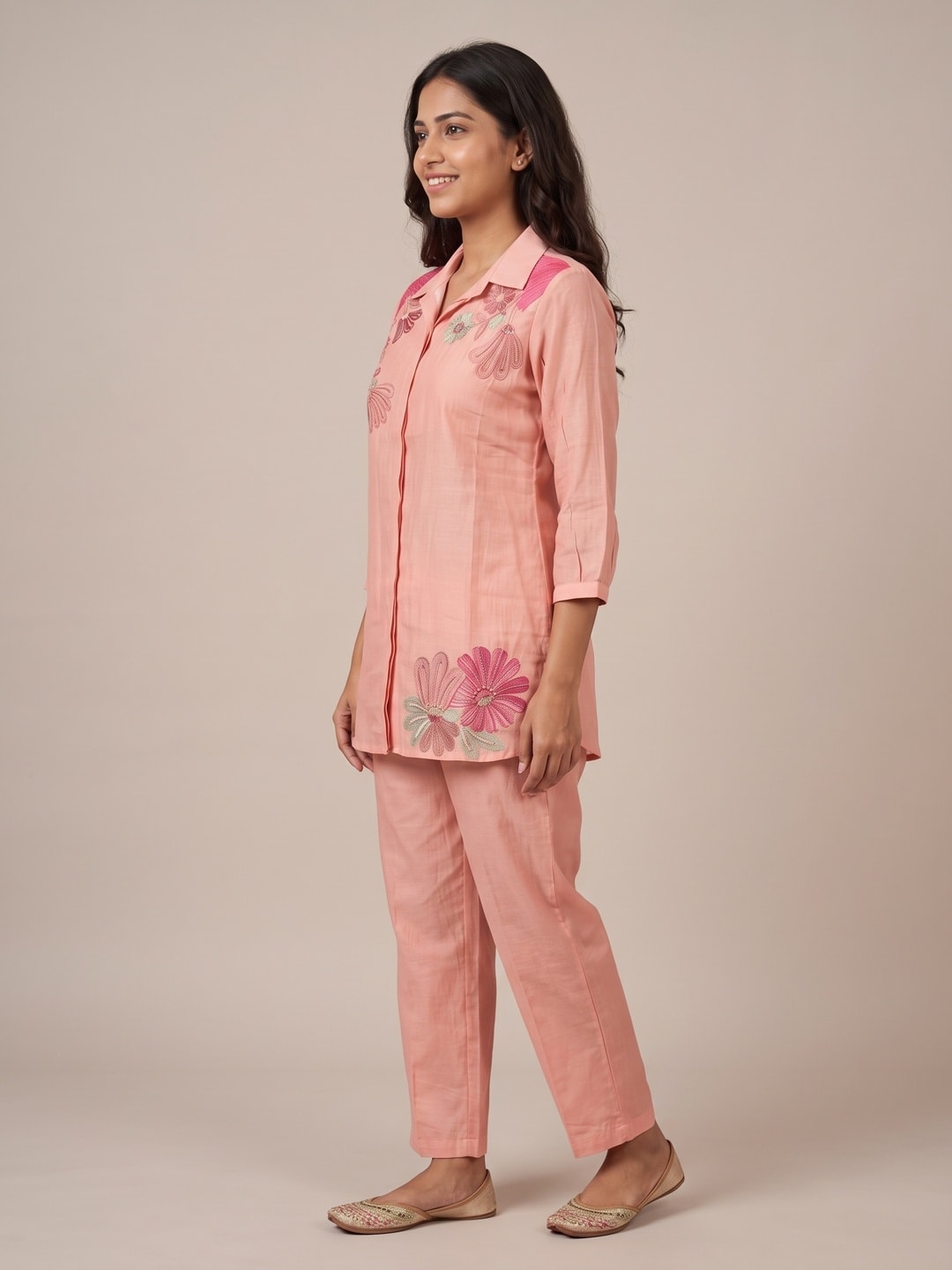 Peachmode Peach Chanderi Floral Embroidered Shirt Co-ord Set - Image 3