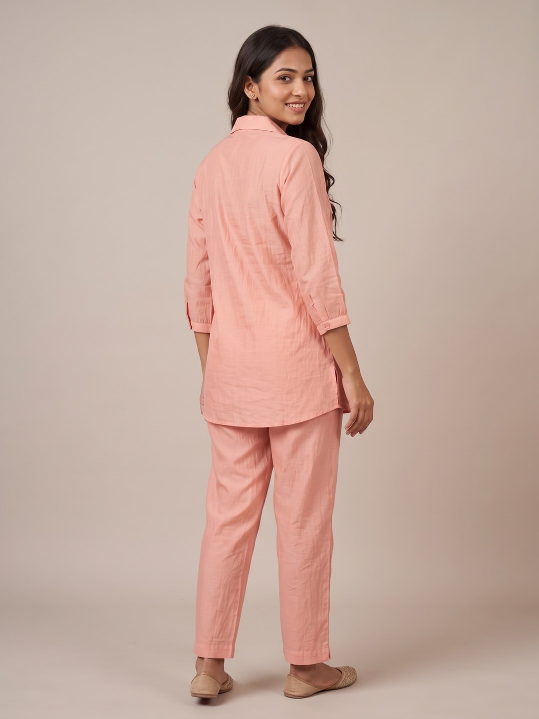 Peachmode Peach Chanderi Floral Embroidered Shirt Co-ord Set - Image 4