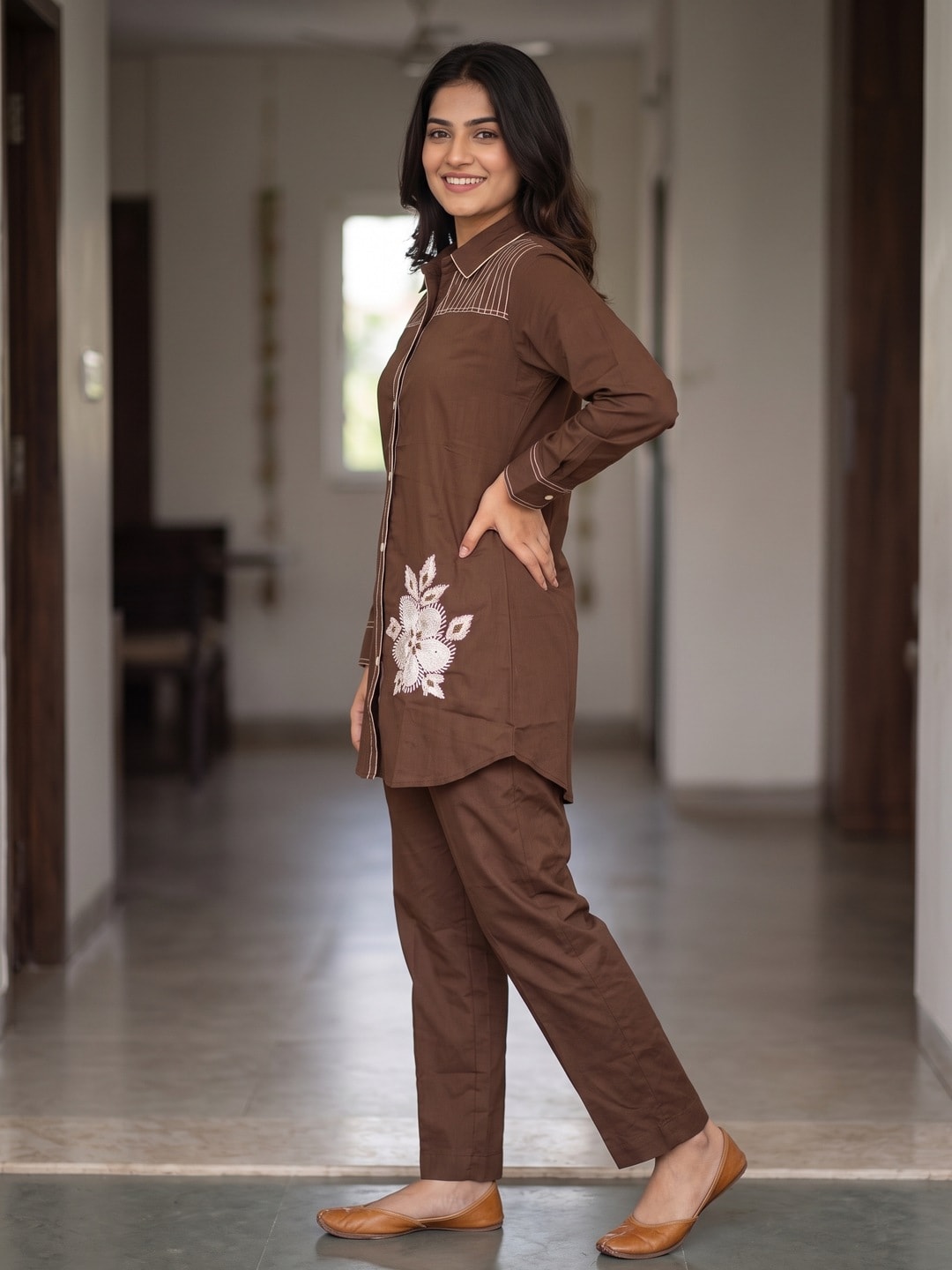 Peachmode Brown Pure Cotton Floral Embroidered Co-ord Set - Image 3