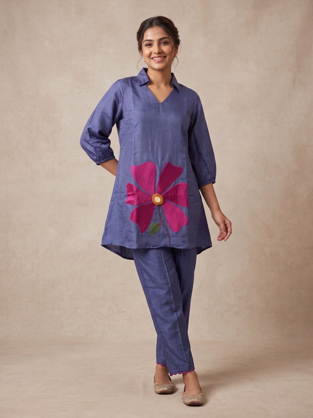Peachmode Navy Blue Chanderi Blend Floral Embroidered Co-ord Set - Image 1