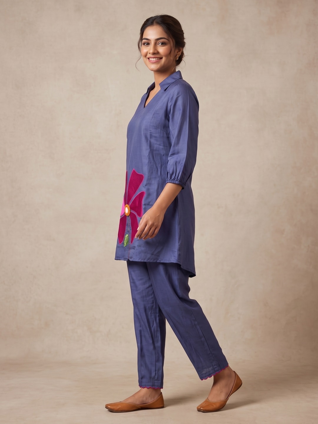 Peachmode Navy Blue Chanderi Blend Floral Embroidered Co-ord Set - Image 3