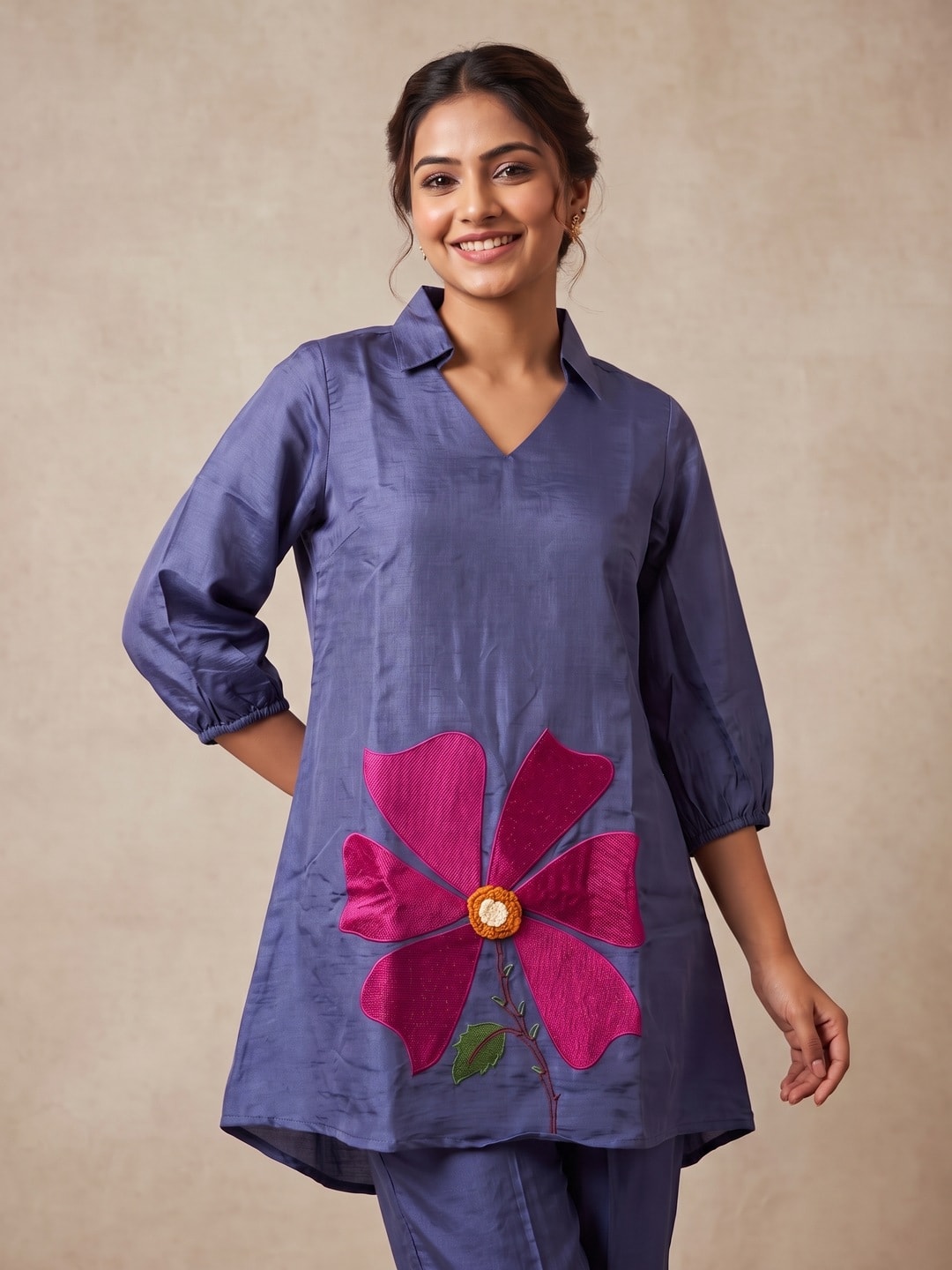 Peachmode Navy Blue Chanderi Blend Floral Embroidered Co-ord Set - Image 5