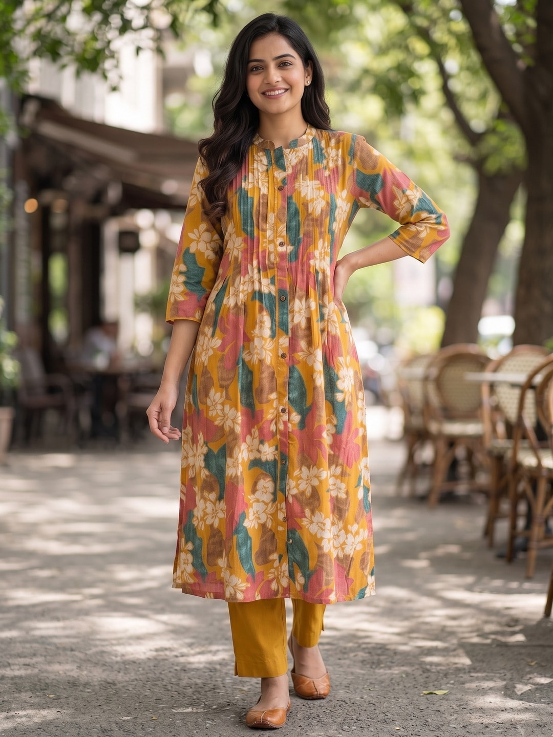 Yellow Floral Printed Pleated Silk Chiffon A-Line Top–Bottom Set for Refined Styling - Image 2