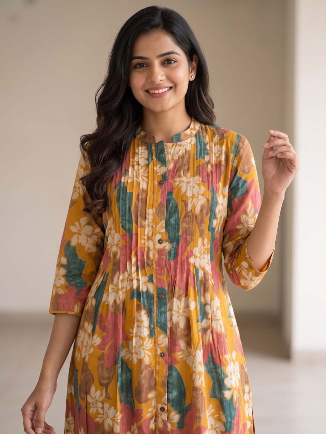 Yellow Floral Printed Pleated Silk Chiffon A-Line Top–Bottom Set for Refined Styling - Image 5
