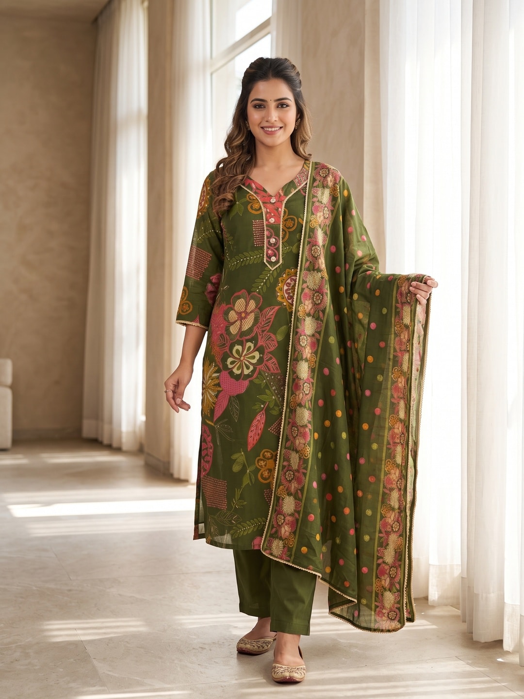 Peachmode Green Chanderi Silk Floral Print Salwar Suit - Image 1