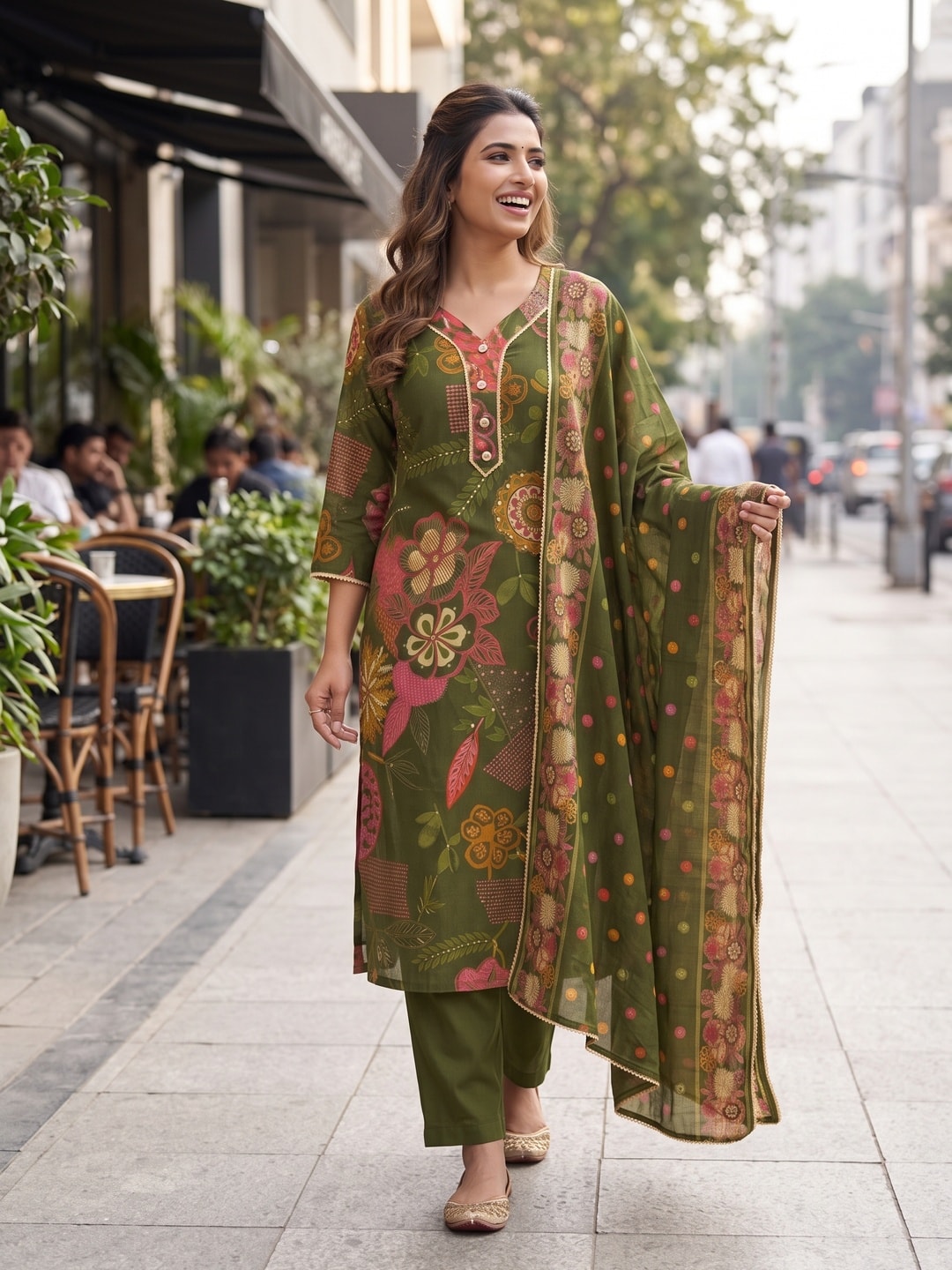 Peachmode Green Chanderi Silk Floral Print Salwar Suit - Image 2