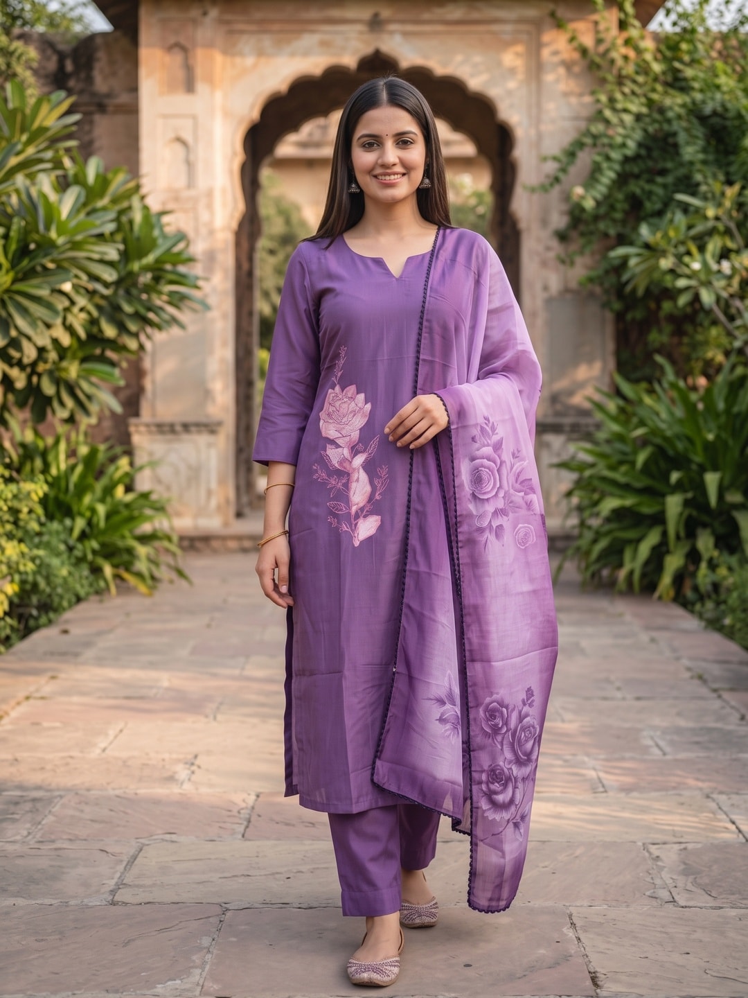Peachmode Purple Chanderi Floral Printed Salwar Suit - Image 2