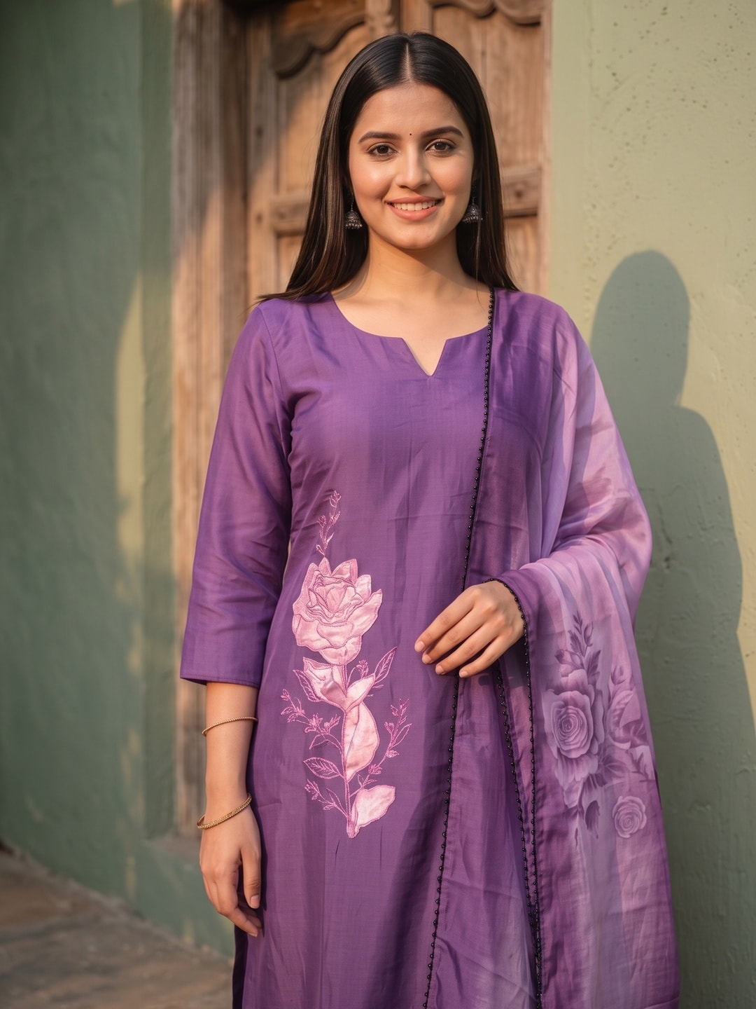 Peachmode Purple Chanderi Floral Printed Salwar Suit - Image 4