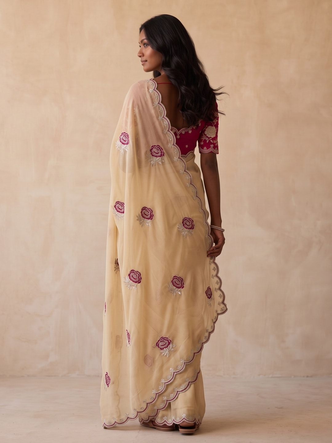 Peachmode Beige Star Georgette Saree With Floral Multi Work And Cut Border - Image 2