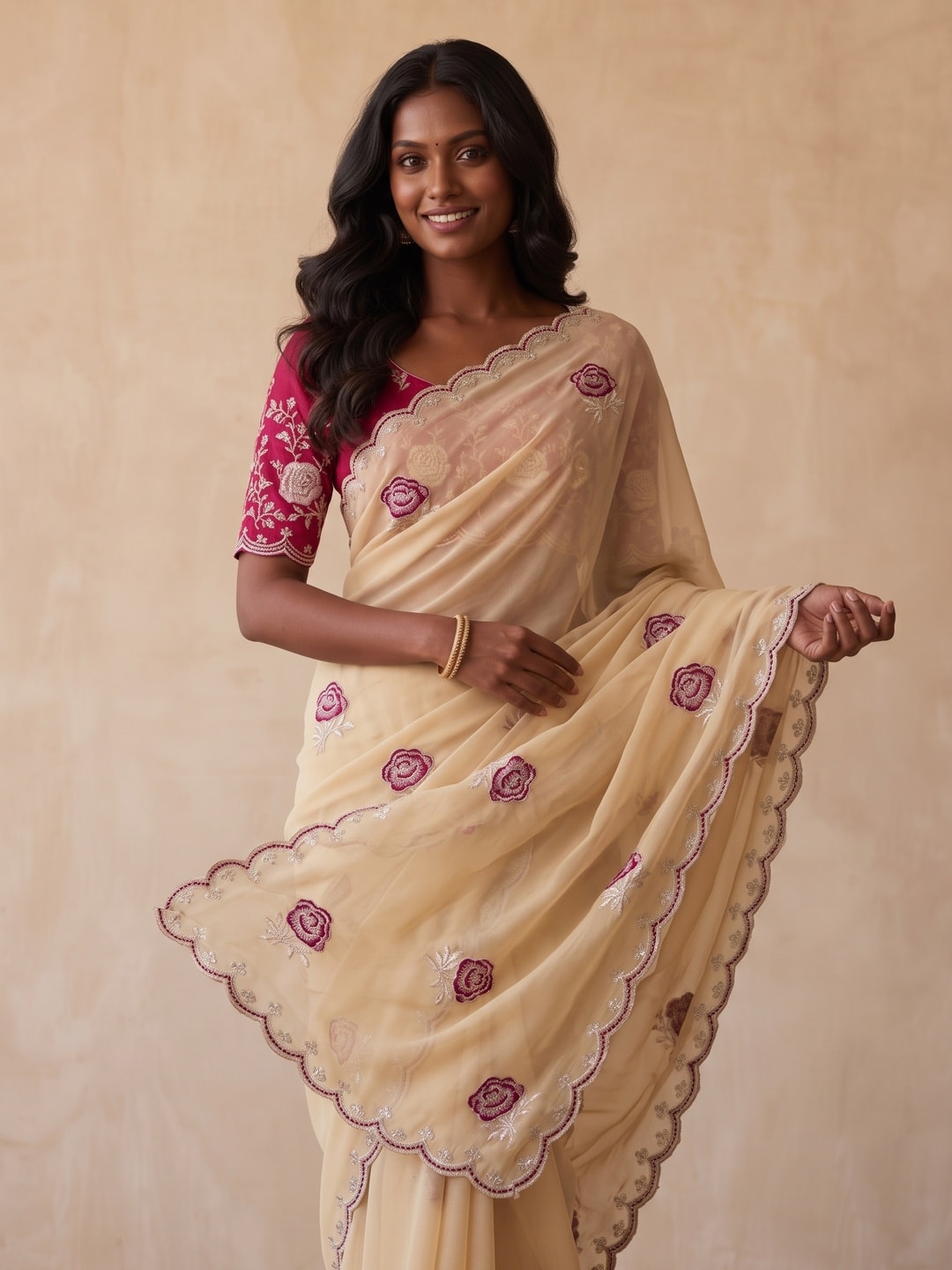 Peachmode Beige Star Georgette Saree With Floral Multi Work And Cut Border - Image 3