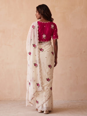 Peachmode Off White Star Georgette Saree With Floral Multi Work And Cut Border - Image 2