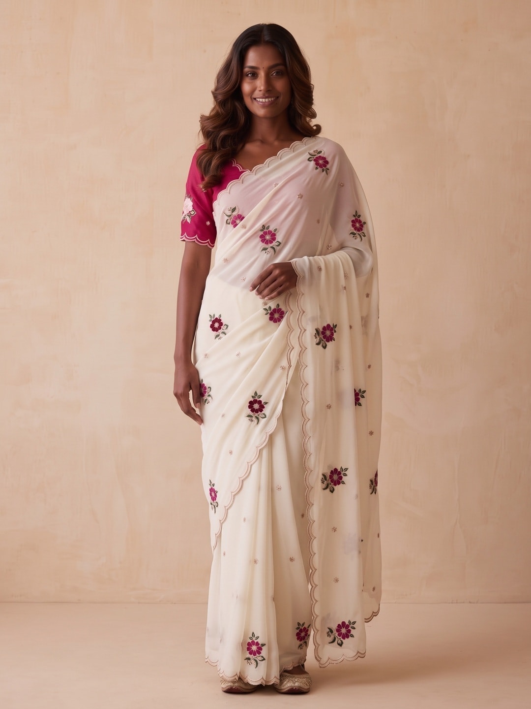 Peachmode Off White Star Georgette Saree With Floral Multi Work And Cut Border - Image 3