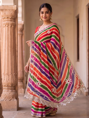 Peachmode Multicolor Georgette Leheriya Saree With Gota Hand Work And Sequin Lace Border - Image 1