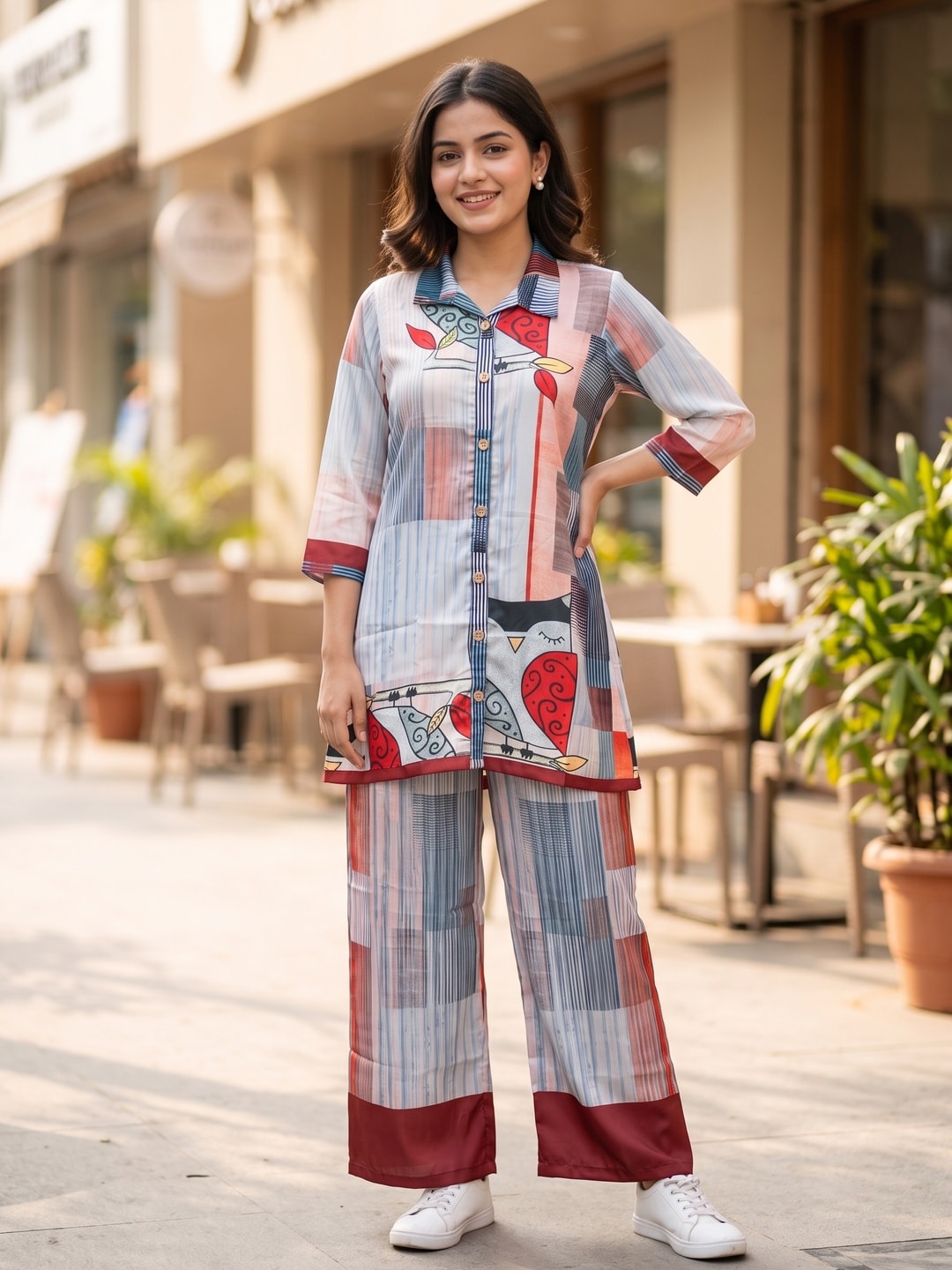 Peachmode Multicolor Satin Abstract Printed Co-ord Set - Image 1