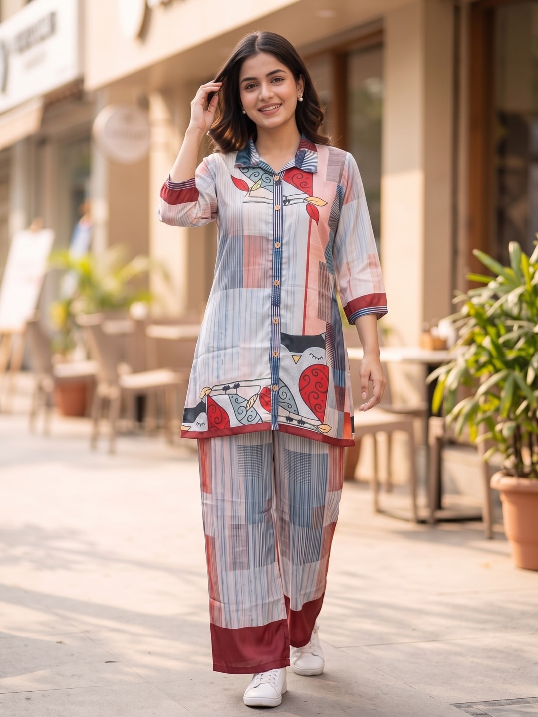 Peachmode Multicolor Satin Abstract Printed Co-ord Set - Image 2