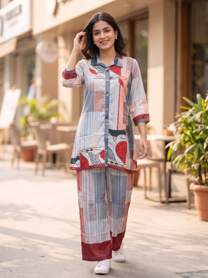 Peachmode Multicolor Satin Abstract Printed Co-ord Set - Image 2