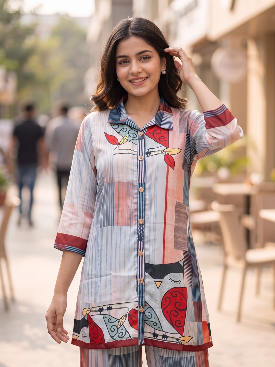 Peachmode Multicolor Satin Abstract Printed Co-ord Set - Image 5