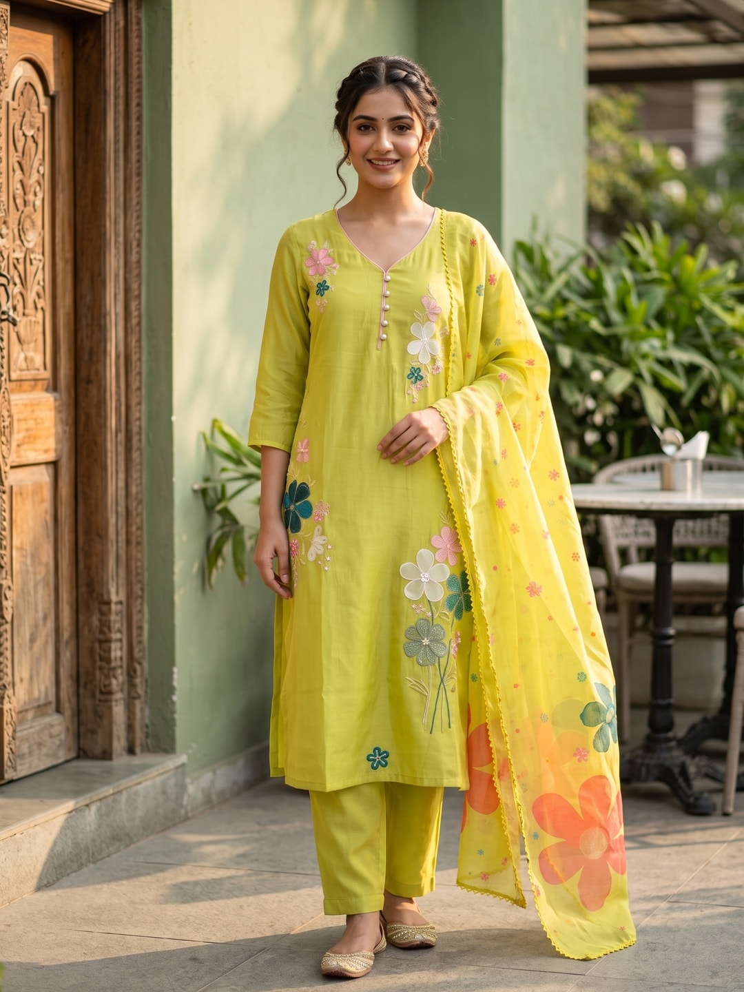Peachmode Lime Green Mul Chanderi Floral Embroidered Salwar Suit - Image 1