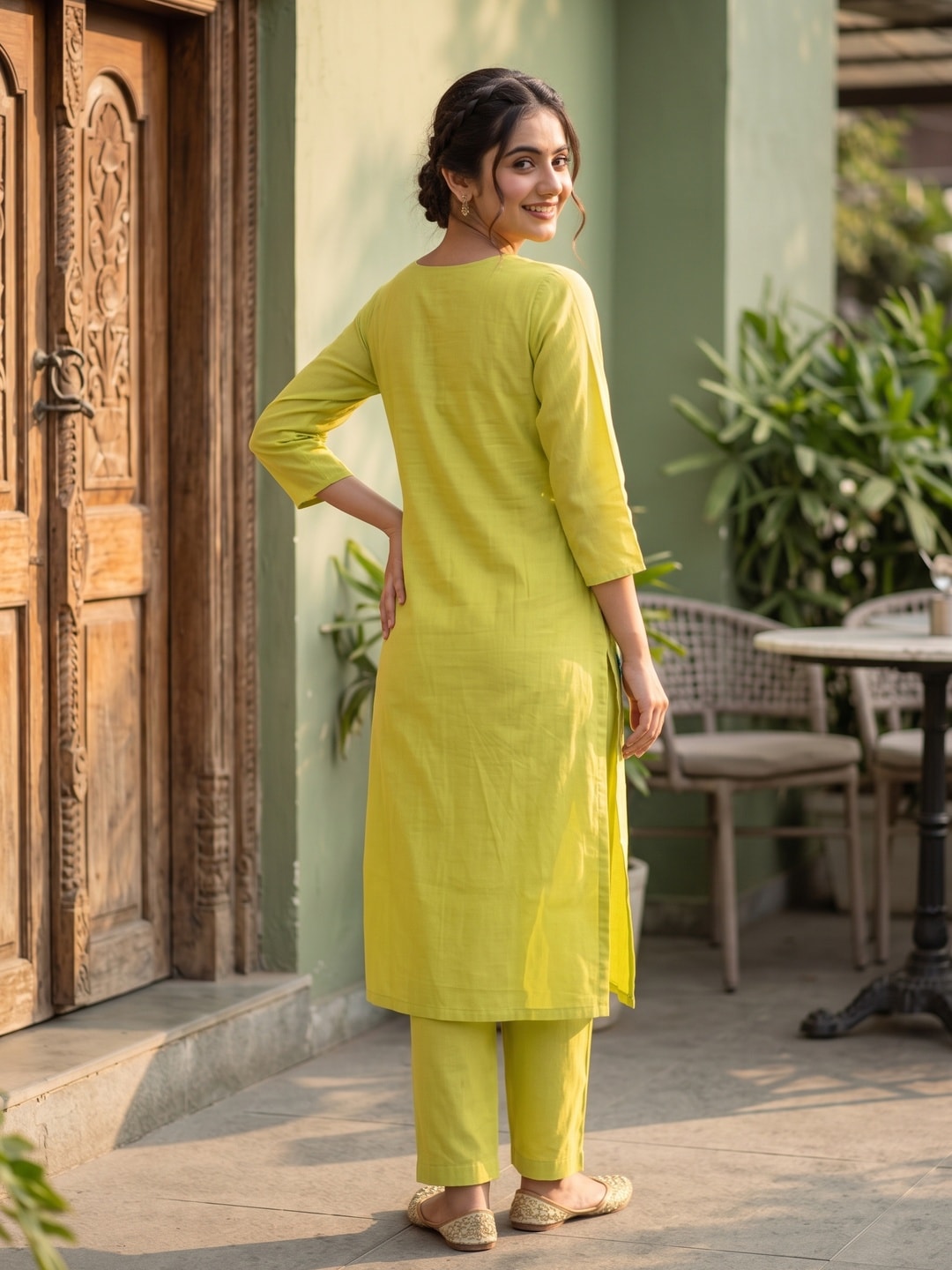 Peachmode Lime Green Mul Chanderi Floral Embroidered Salwar Suit - Image 4