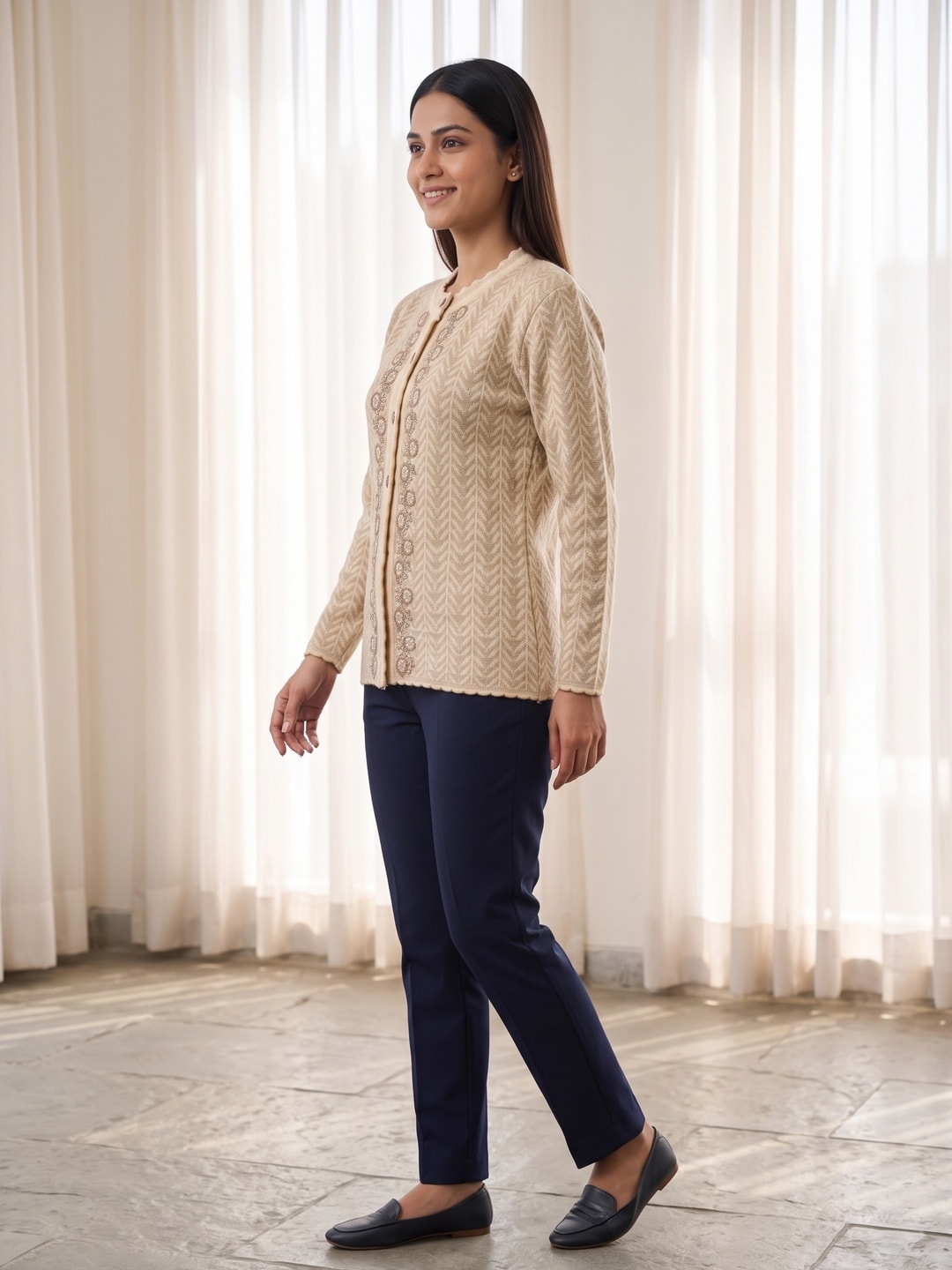 Peachmode Beige Woolen Cardigan - Image 3