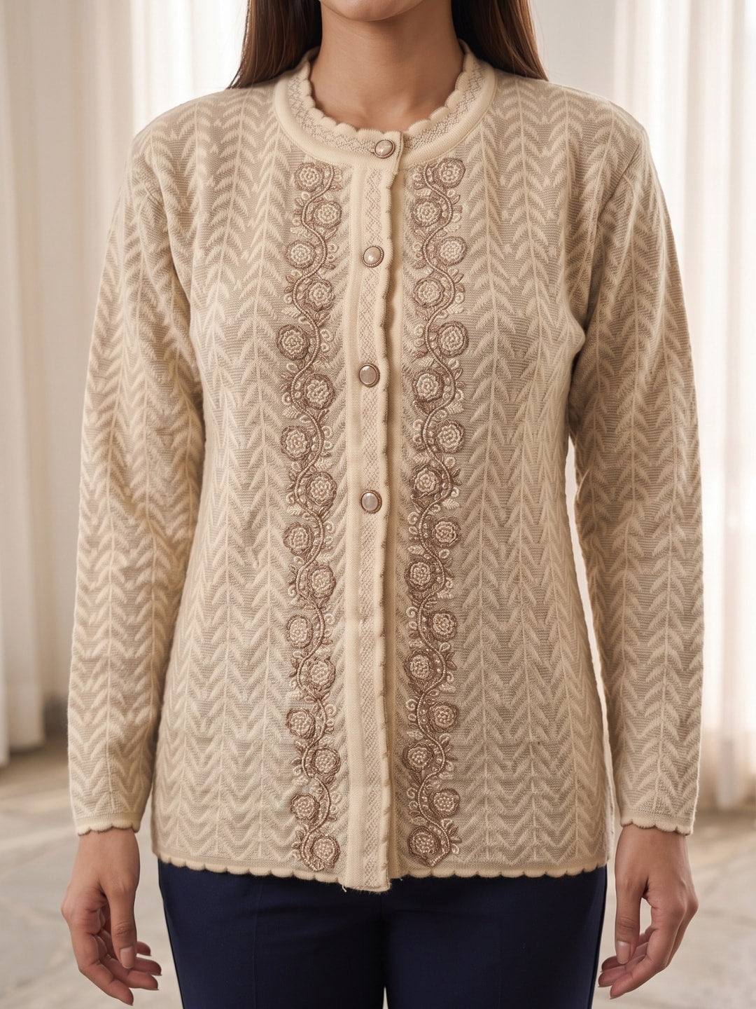 Peachmode Beige Woolen Cardigan - Image 5