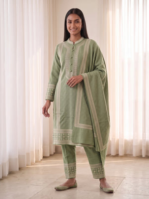 Peachmode Green Geometric Border Woolen Salwar Suit With Shawl - Image 1