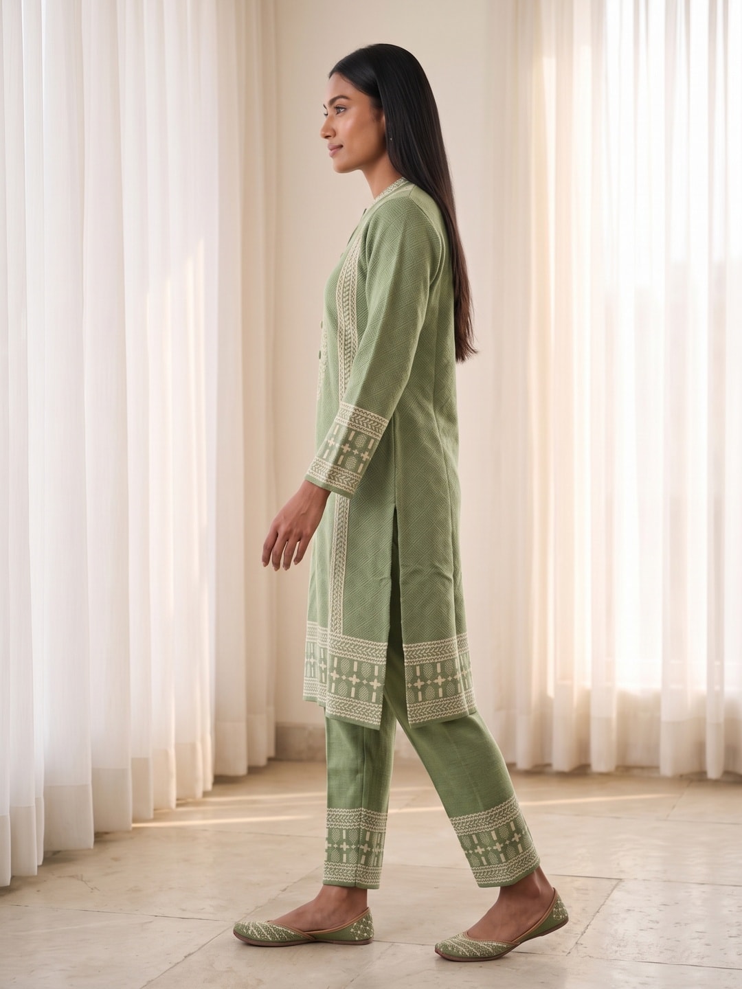 Peachmode Green Geometric Border Woolen Salwar Suit With Shawl - Image 3