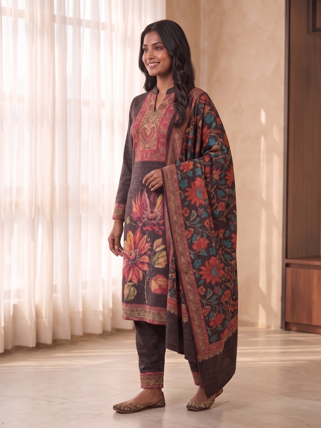 Peachmode Brown Woolen Salwar Suit - Image 3