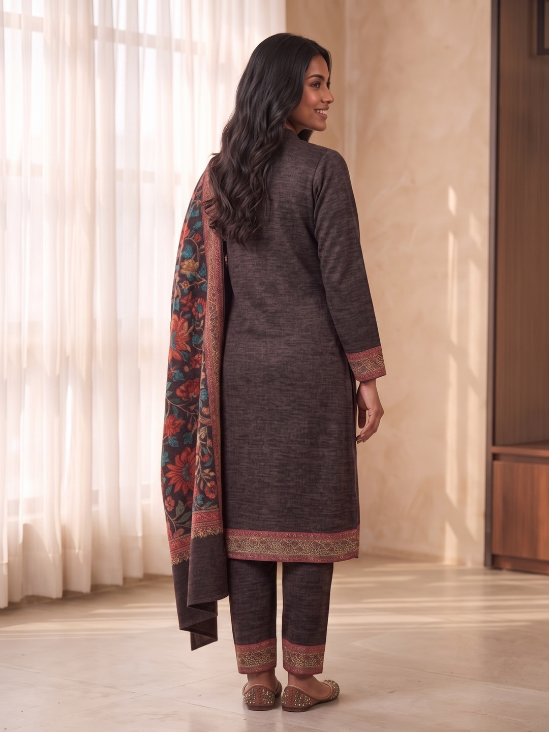 Peachmode Brown Woolen Salwar Suit - Image 4