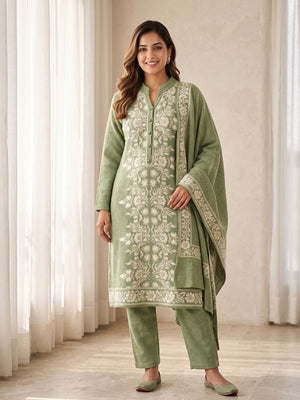 Peachmode Green Floral Jacquard Woolen Salwar Suit With Shawl - Image 1