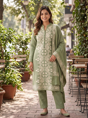 Peachmode Green Floral Jacquard Woolen Salwar Suit With Shawl - Image 2