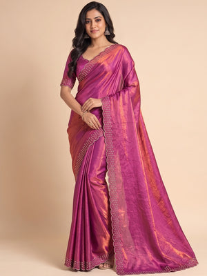 Peachmode Pink Fandy Satin Saree with Scalloped Cutwork Border - Image 1