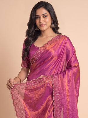 Peachmode Pink Fandy Satin Saree with Scalloped Cutwork Border - Image 2
